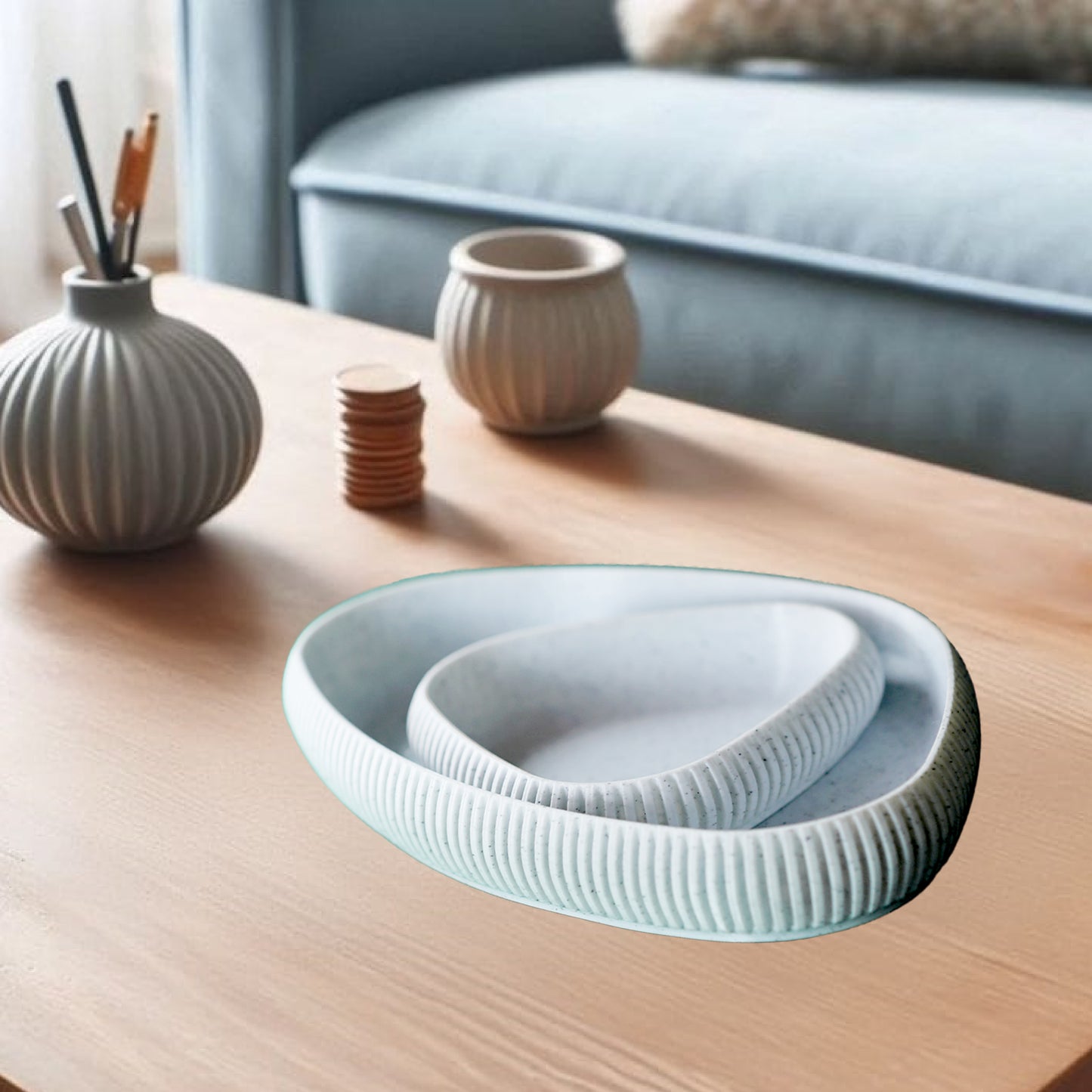 Wublue oval tray small – Compact Decorative Tray | Modern Ribbed Texture | For Rings, Coins, Keys & Small Essentials