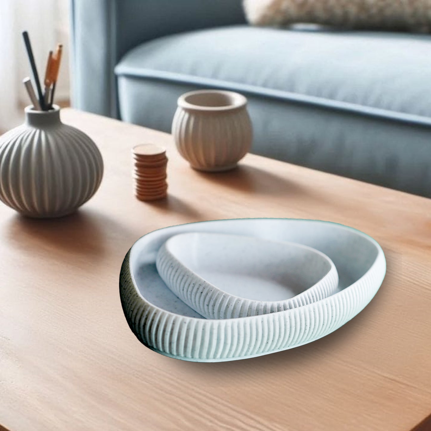 Wublue Oval Tray large – Minimalist Decorative Organizer | Ribbed Texture | For Keys, Jewelry, Makeup & Desk Essentials