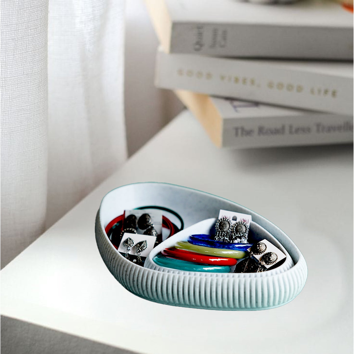 Wublue Oval Tray large – Minimalist Decorative Organizer | Ribbed Texture | For Keys, Jewelry, Makeup & Desk Essentials