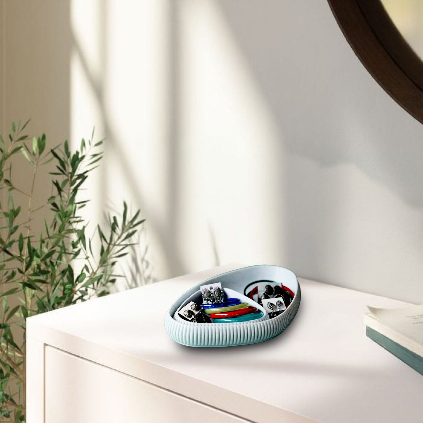 Wublue Oval Tray large – Minimalist Decorative Organizer | Ribbed Texture | For Keys, Jewelry, Makeup & Desk Essentials